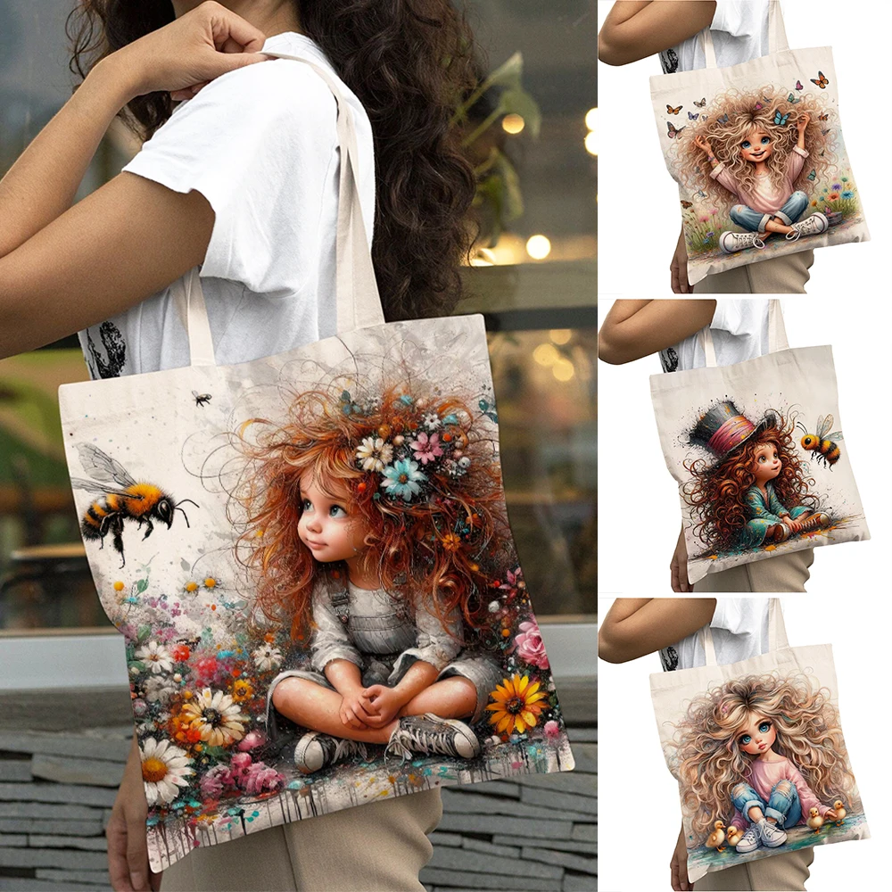 

Cute Cartoon Gir Women Shopper Bags Big Capacity Child Daily Commute Tote Handbag Double Print Lady Daily Commute Shopping Bag