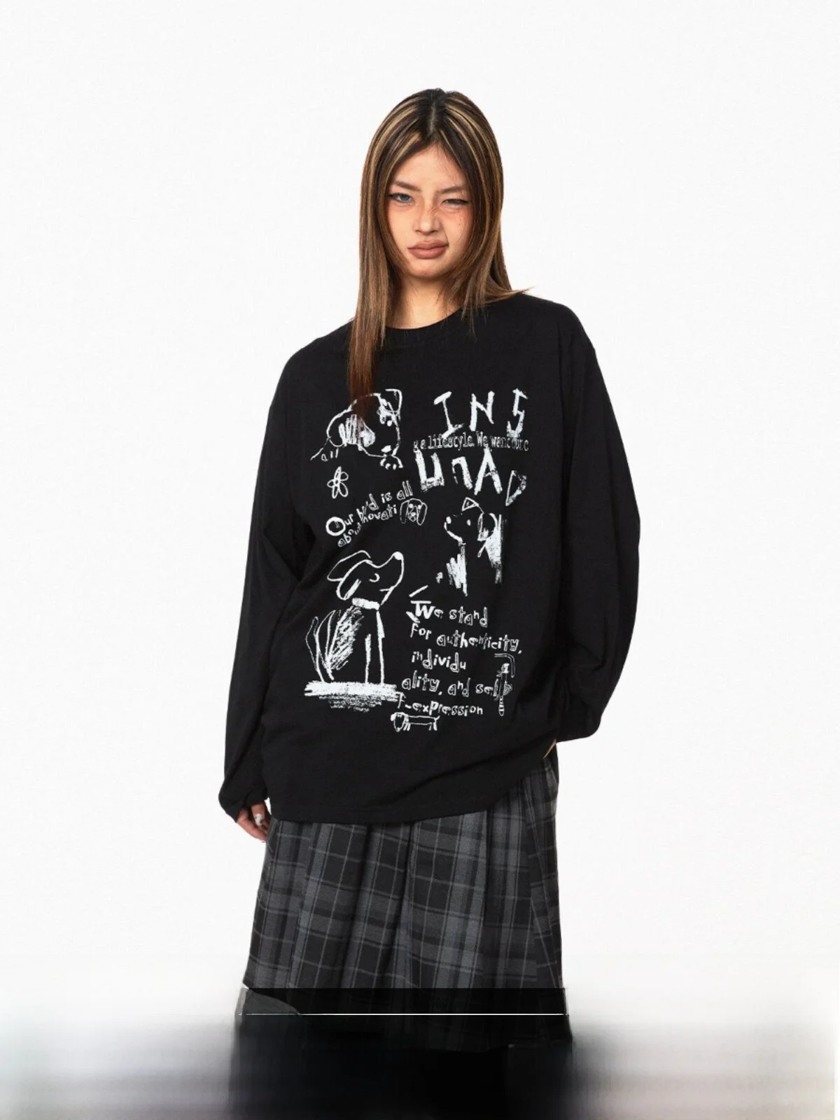 Loose Fit Long Sleeve T-Shirt round Neck Print Casual Style Cotton Spring New Arrival Doggies Graffiti Fun Doodle Top for Women