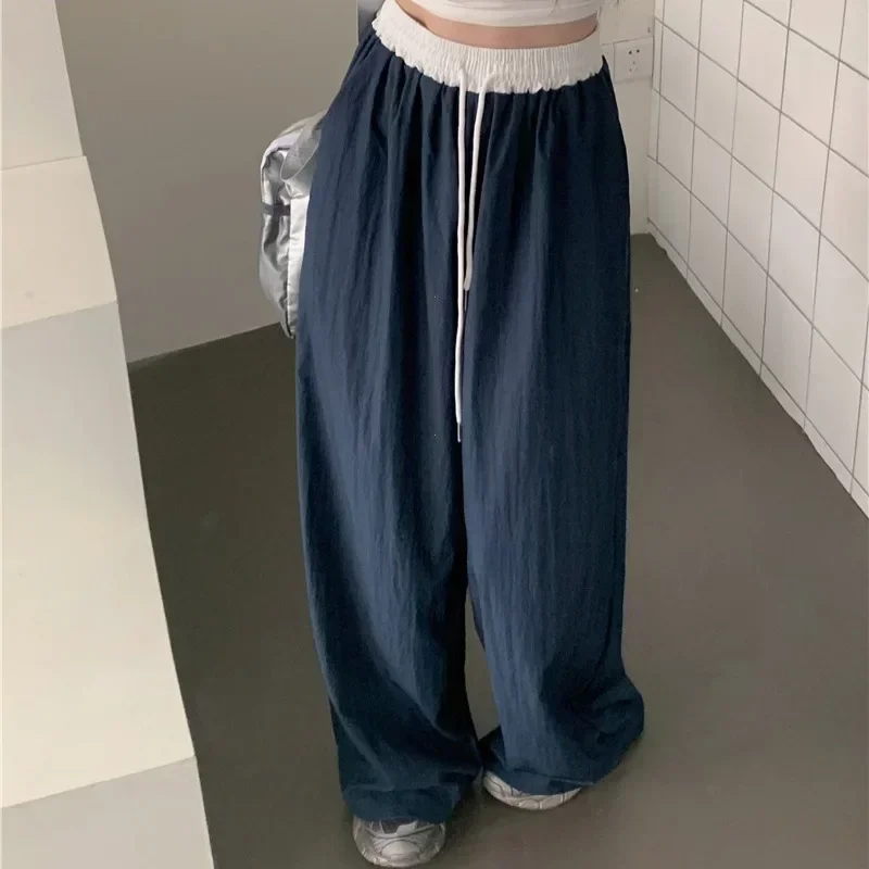 New Patchwork Elastic Waist Wide Leg Casual Pants Women All season Texture Drape Straight Mop Pants Loose Trousers Pants