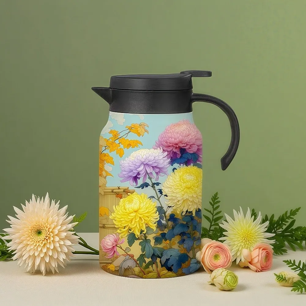 ポータブルレトロフラワー断熱ケトル温水花柄プリント魔法瓶800ml-1500mlヴィンテージウォーターカップアウトドア用