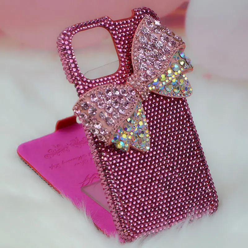 Luxury Hand Applied Rhinestones for iPhone 12 13Pro 11ProMax Xs XsMax Xr 8Plus Up and Down Flip Rose Red Crystal Butterfly Case