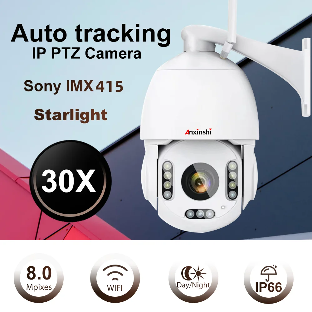 

Anxinshi CamHi Wireless 8MP 30X Zoom Waterproof 120M IR Human Tracking SONY IMX 335 PTZ Speed Dome IP Camera Build MIC Speaker