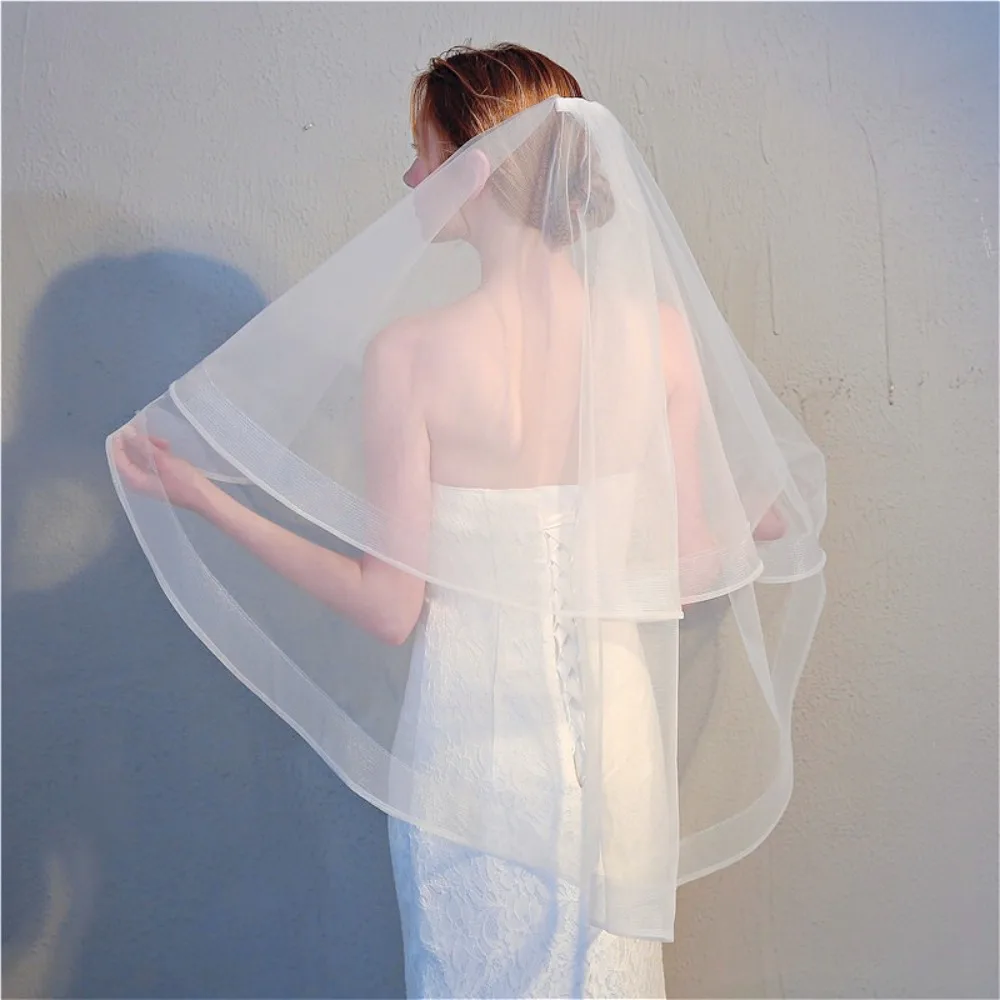 Simple Double Layer Bridal Veil Elastic Tulle Fingertip Veil with Pencil Edge for Wedding Accessories Women's Wedding Dress