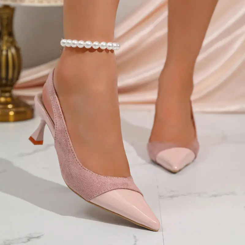 

Elegant Pointed Toe High Heel Slingback Pumps Women Summer 2026 Designer Patchwork Suede Back Strap Sandals Woman Dress Sandals