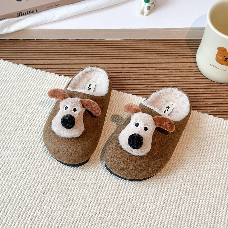 Kids Plush Slippers Dog Shape, Warm Fleece-Lined Winter House Shoes for Boys Girls, 2025 New Indoor/Outdoor (Matching Family Pai