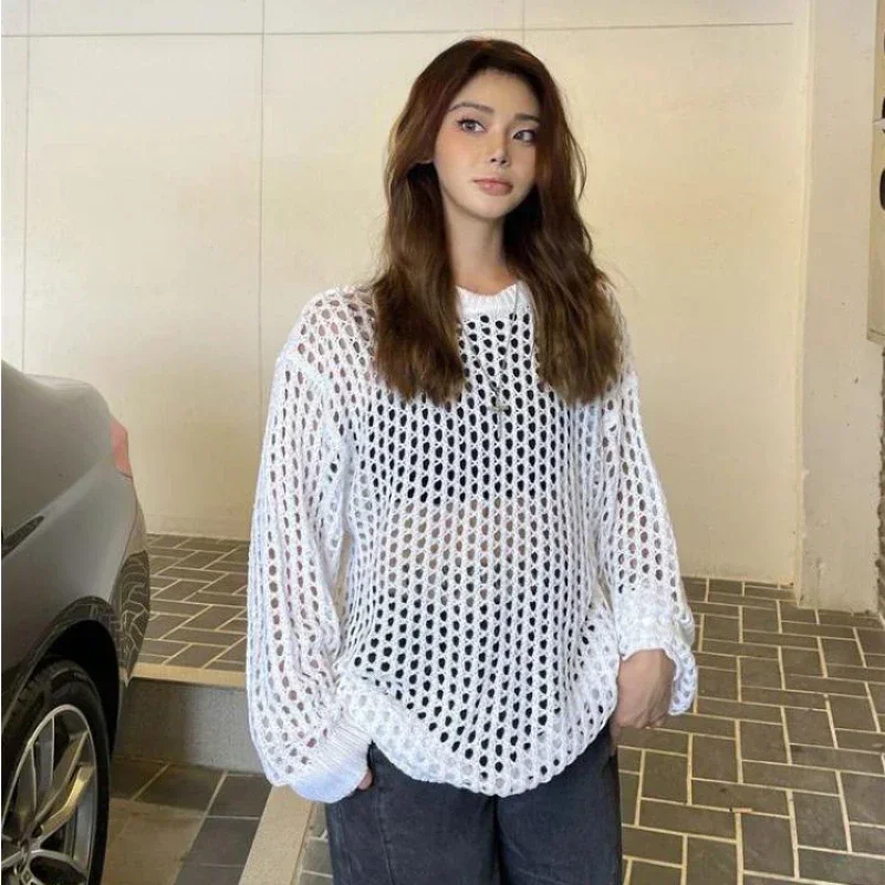 

Женский вязаный топ, сексуальный прозрачный свободный летний сетчатый пуловер, базовый свитер большого размера с длинными рукавами