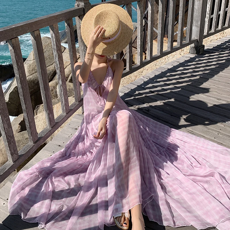Sanya Beach Vacation Style Beach Dress Backless Light Purple Chiffon Flared Fairy Long Dress Photo Goddess