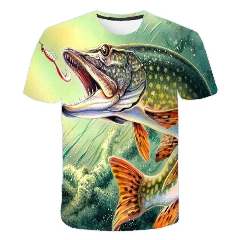 Herren 3D Big Bass Fish Fishing Print T-Shirt Outdoor Angeln Sport O-Ausschnitt Kurzarm Casual Sommer Streetwear T-Shirt – Detail 4