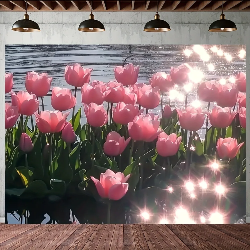 Radiant Pink Tulip Garden Tapestry: Bright Floral Scene Pattern Cheerful Modern Wall Decor for Living Room Bedroom