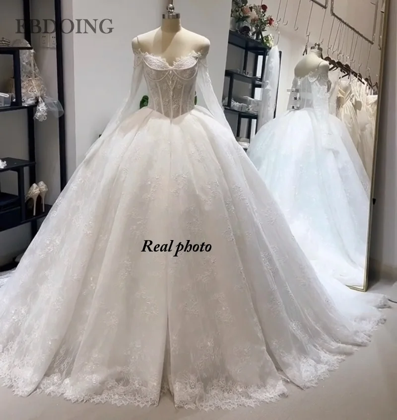 

EBDOING свадебное платье трапециевидной формы с кружевным вырезом в форме сердца и длинными рукавами с открытыми плечами и бисером баскское платье невесты по индивидуальному заказу