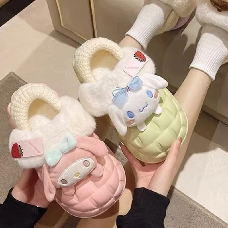 New Sanrio Melody Slippers Women Autumn Winter Home Shoes Warm Detachable Thick Soles Cinnamoroll Purin Kawaii Y2k Shoes