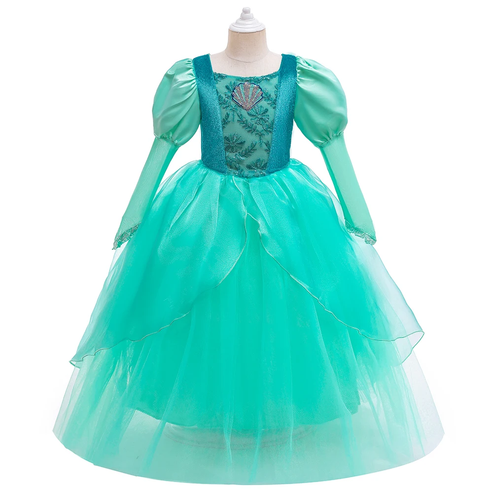 Girl Green Ice Cosplay Princess Dress Kids Happy Birthday Party Costumes Mesh Bubble Sleeve Replica Multi Layers Clothes