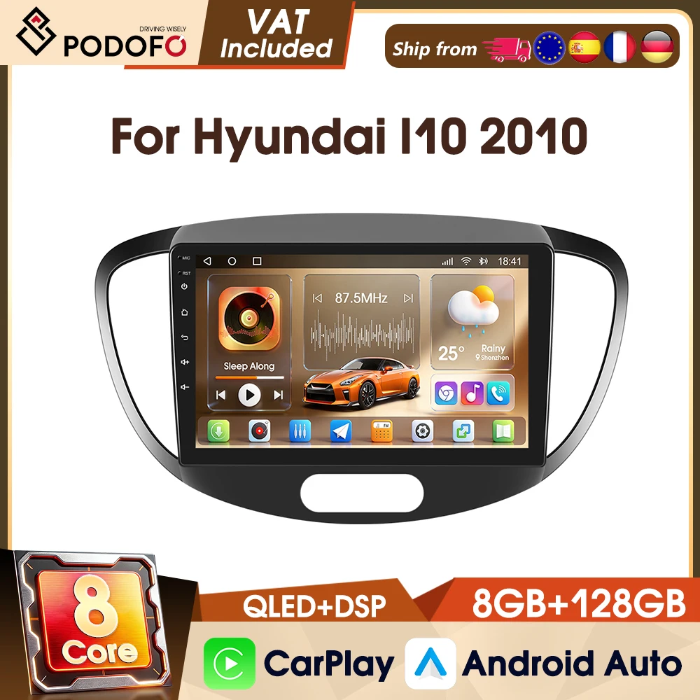 Podofo Universal 9" Wireless CarPlay Android 4G 8-Kern 8+128G Intelligente Autosysteme DAB Android Auto Autoradio für Hyundai I10 2010 WIFI GPS FM RDS