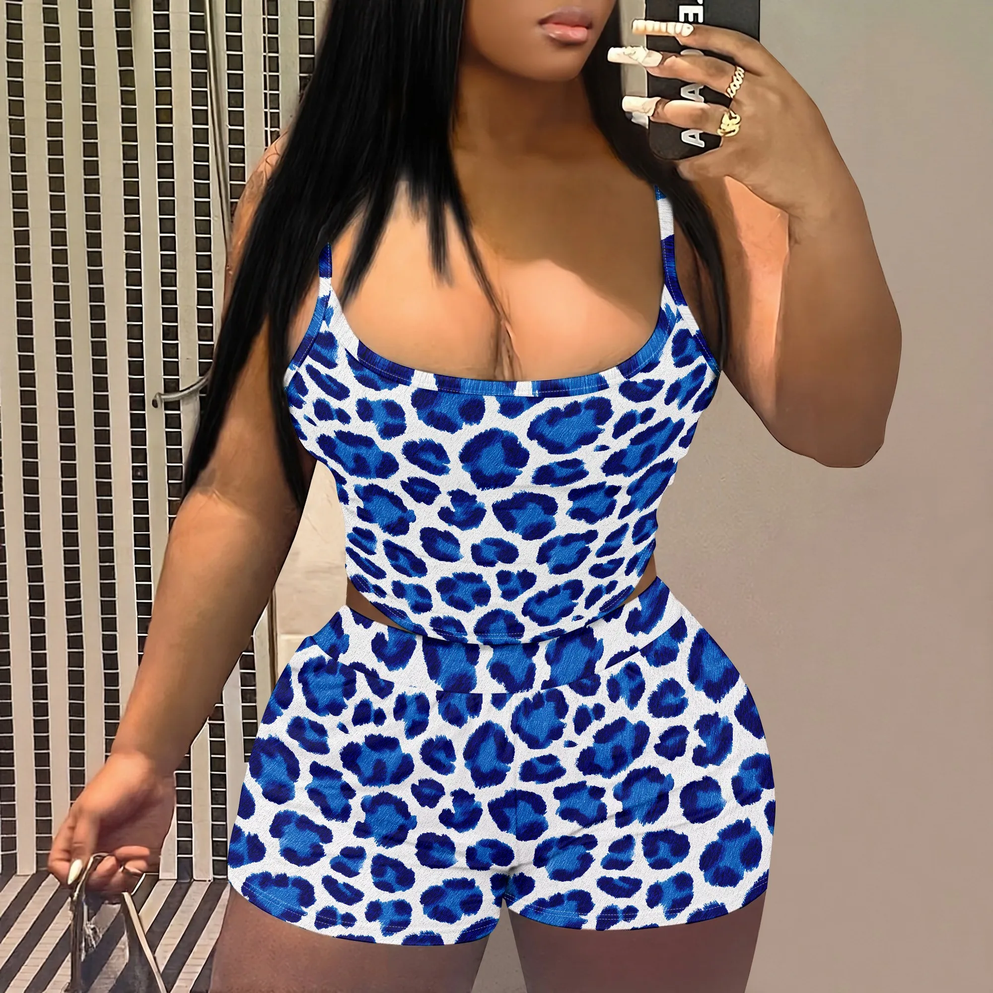 Blue Leopard Print Cami Set, Spaghetti Strap Tank Top And Shorts, Summer Casual Two Piece Outfit, Vacation Beach Wear, S-2XL