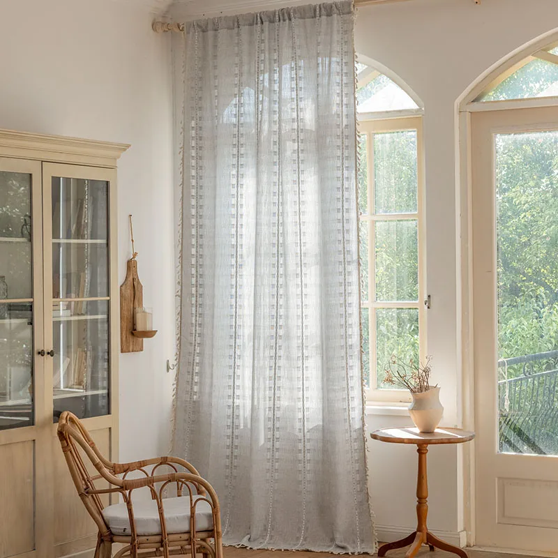 Semi-Shading Striped Jacquard Cloth Curtains Hollow Living Room Balcony Window Drapes Privacy Sun Protection Piercing Curtain