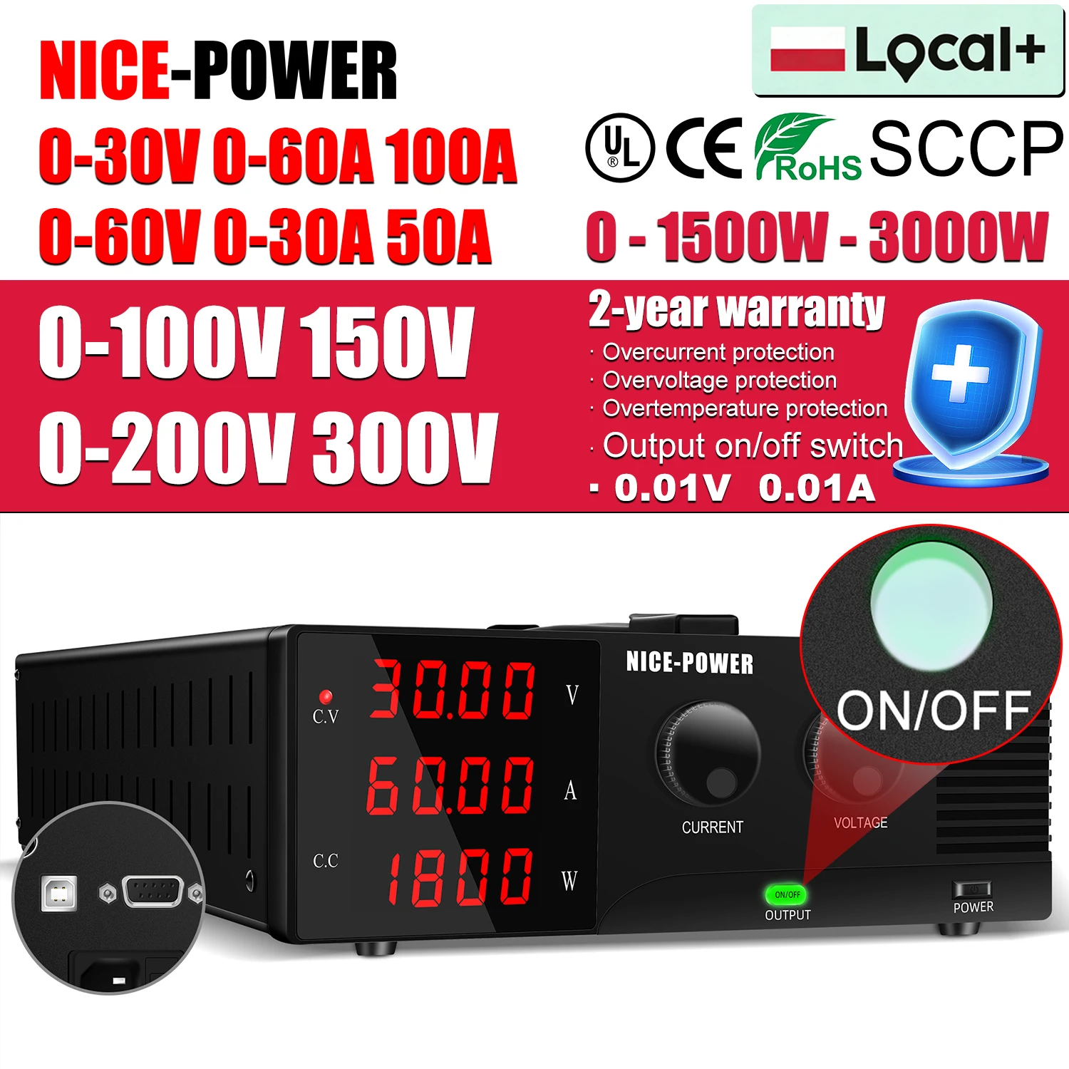 30V 60A 100A 3000W Hochleistungs-Labornetzteil, einstellbar 300V 200V 150V 10A 100V 30A 60V 30A, geregeltes Netzteil mit Ein/Aus-Schalter für Batteriealterung, Laden, Reparatur, Motorstart mit