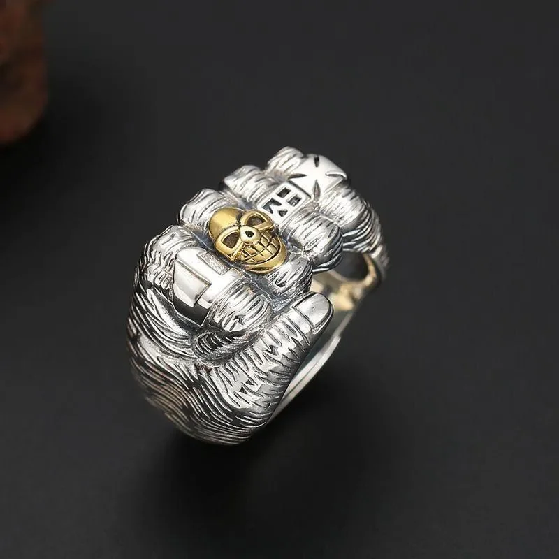 Vintage Domineering Fist Ring Trendy Male Personality Hip Hop Fashion Imitation Thai Silver Smiley Face Skull Men Open Index
