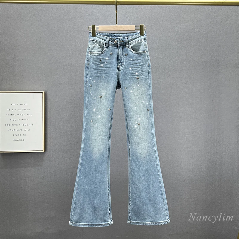 Rhinestone Denim Bootleg Pants Jeans Women's Spring 2024 New Elastic High Waist Slim Figure Flattering Mopping Pants Trousers