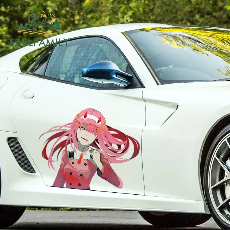 EARLFAMILY 43cm x 32.7cm For Zero Two Anime Car Accessories Stickers Motorcycle Decal Camper Graffiti Sunscreen Sticker Decor