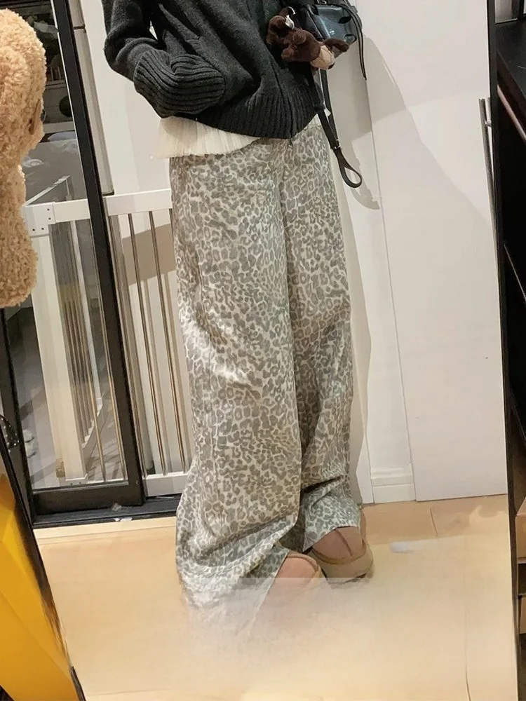 

Большие размеры, американские облегающие джинсы с леопардовым принтом, широкие джинсы, женские осенне-зимние 2025, новые прямые брюки