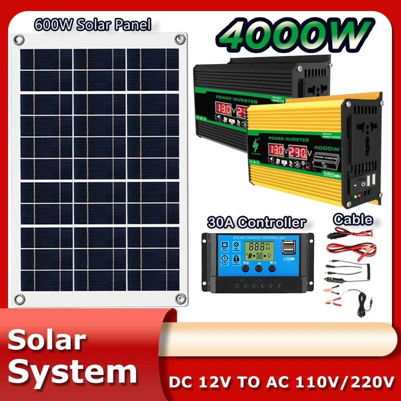 

New 600W 18V Solar Panel 4000W Inverter USB Solar Kit with 30A Controller Off Grid Solar System Kit Complete Fotovoltaic System