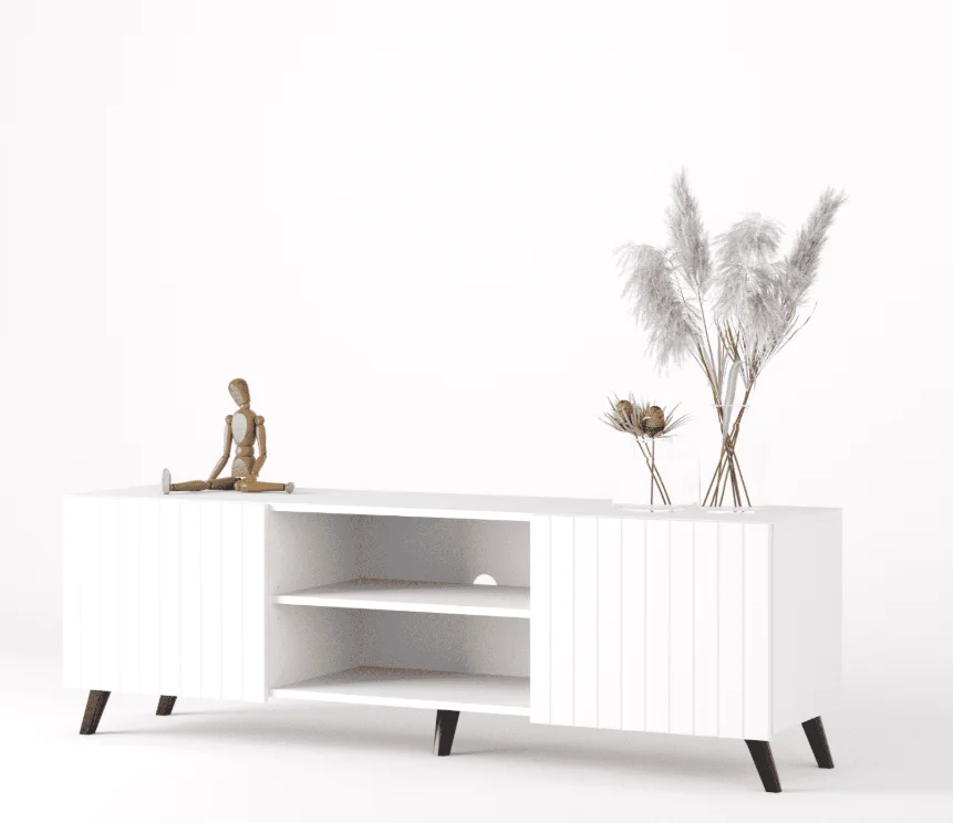 Open Shelf Contemporary Living Room Media Storage Unit Modern Matte White Large TV Cabinet with Slatted Doors