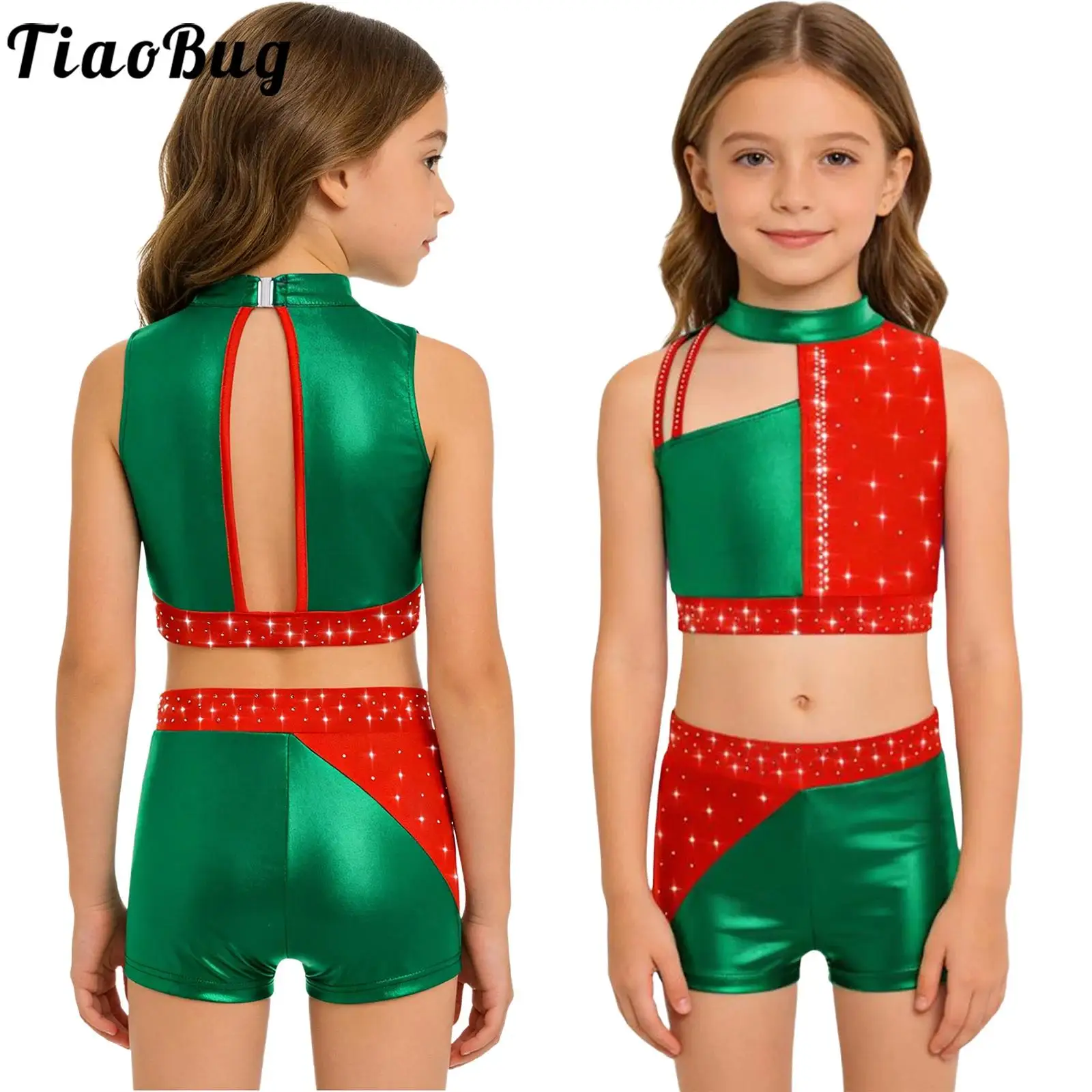 Kids Girls Artistic Gymnastics Figure Skating Costume Shiny Rhinestones Sleeveless Ballet Dance Acrobatics Crop Tops with Shorts