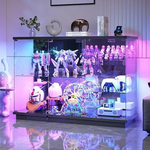 RGB Glass Display Cabinet - with Human Body Sensor, High Gloss Sideboard with Lock & Glass Shelves for Toys, Books