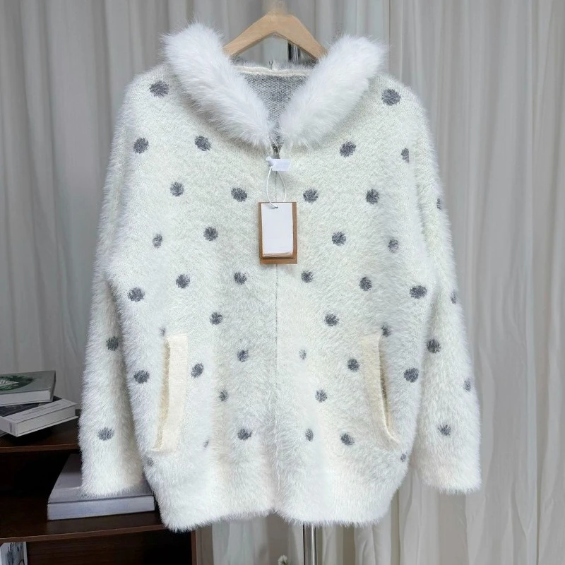 Harajuku Vintage Süßer Strick-Cardigan für Damen, Lässiger Lockerer Punktpullover, Weiche Oberbekleidung für den Alltag