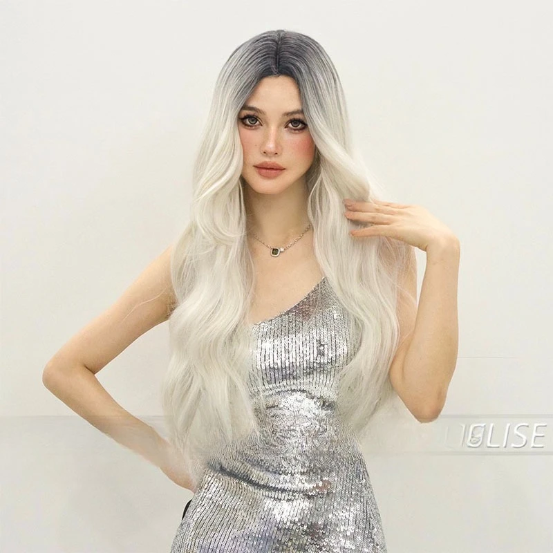 Peruca feminina muda gradualmente de platina, pontos médios, ondas grandes, cabelo longo e encaracolado, natural, fofo, alto sentido, cabeça inteira