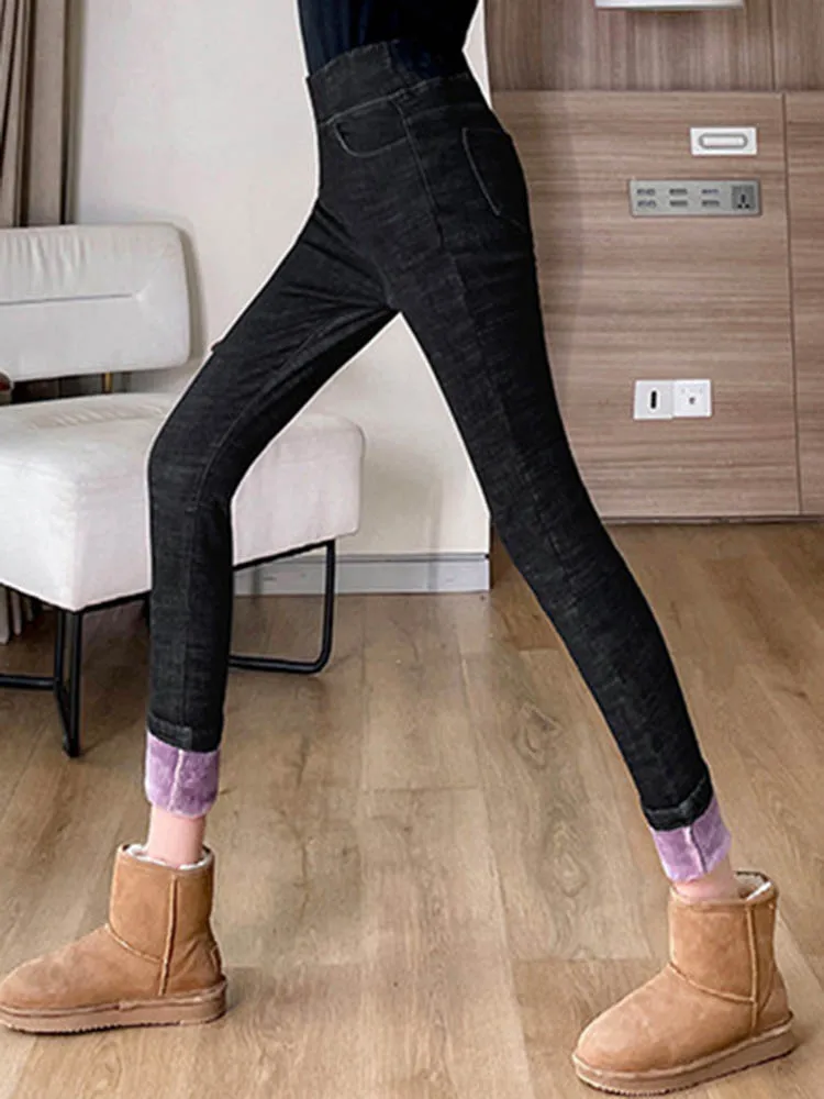 กางเกงยีนส์ผู้หญิงทรงสกินนี่เอวสูงบุผ้ากำมะหยี่หนานุ่มสไตล์เกาหลีแฟชั่นวินเทจสีพื้น