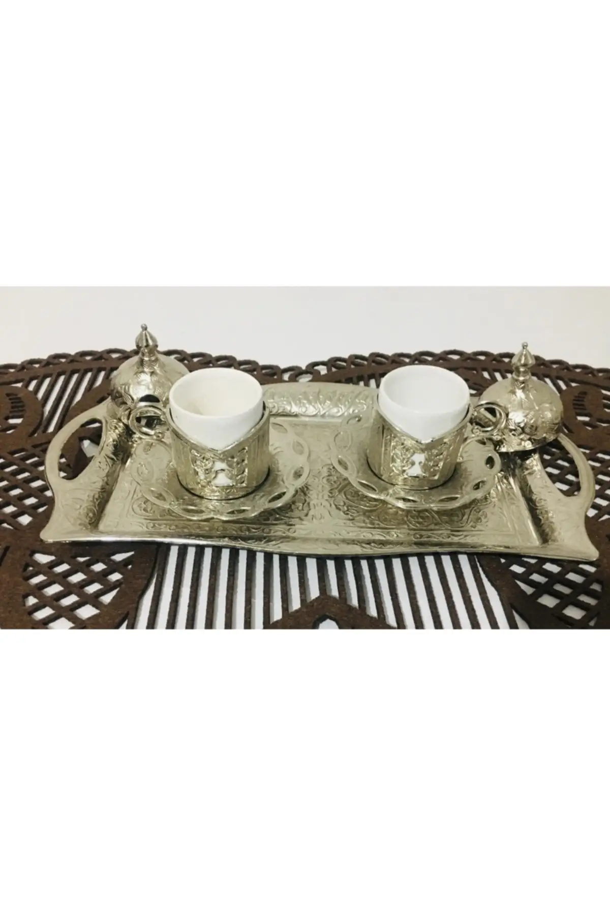 

Silver colored Metal 2 cup set with copper ottoman motifs Cooper Luxury Cups