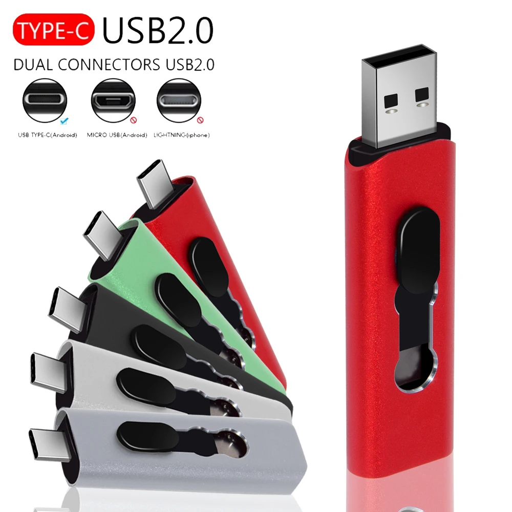 USB 2.0 Flash Drive com Chaveiro, Caneta de Alta Velocidade, Memory Stick Preto, Presente Empresarial Criativo, 2 NI1 Tipo-C, Disco U, 64GB