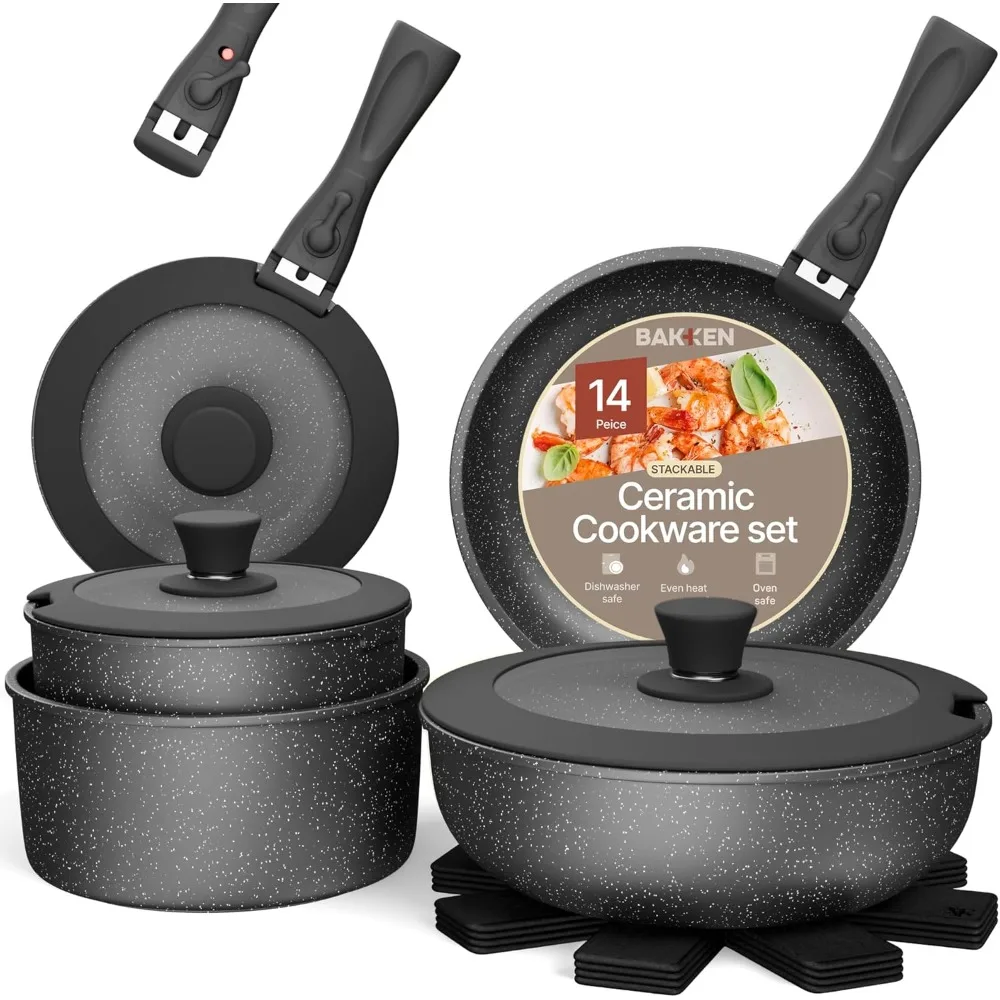 

Set Non Stick Ceramic-Granite – 14-Piece Cookware with Detachable Handles, Stackable Space-Saving, Dishwasher Safe, Oven