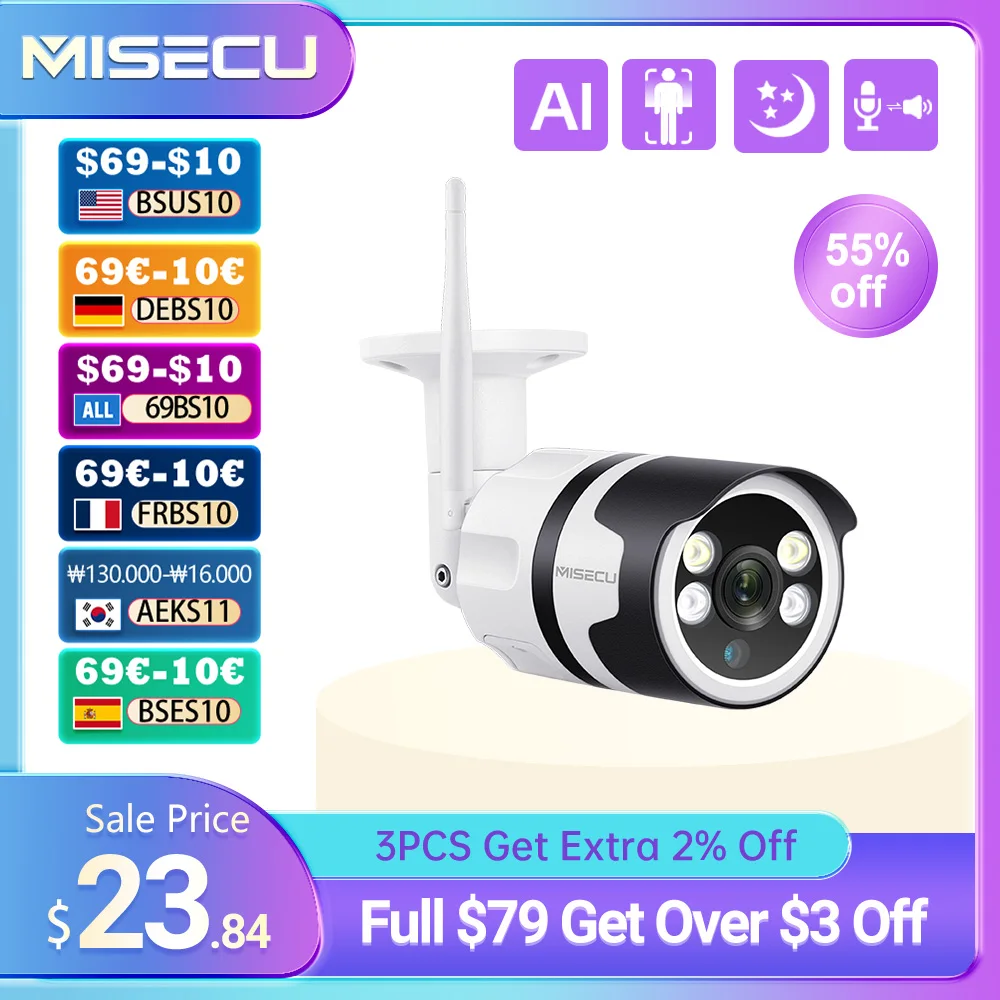 

MISECU 3MP 5MP WIFI IP Outdoor Camera AI Human Detection Full Color Night Vision Waterproof CCTV Video Security Camera P2P Onvif