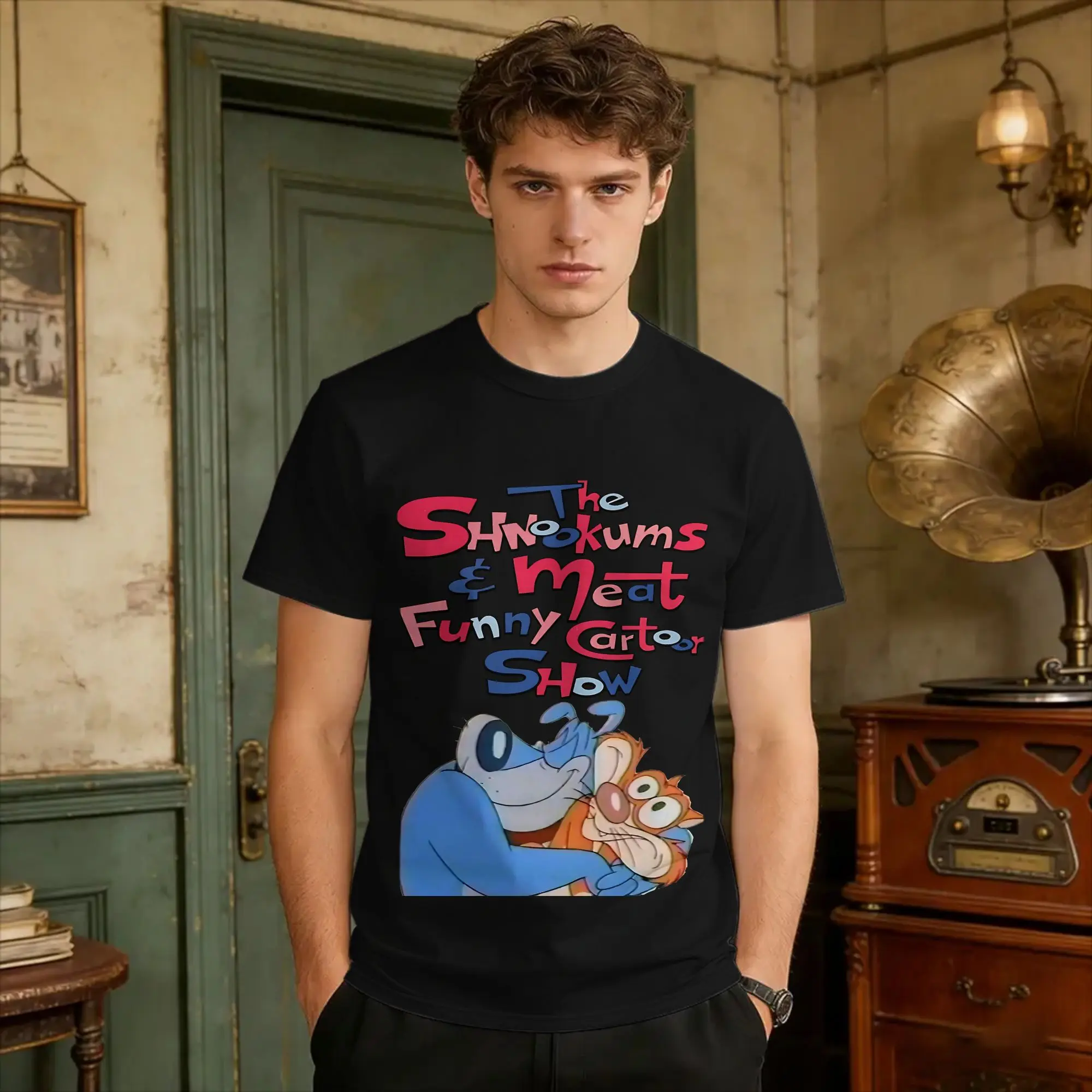 Shnookums And Meat   T Shirt Summer Ren And Stimpy  Vintage T-Shirts 100 Cotton Fashion Tee Shirt For Men's Casual Top Tees