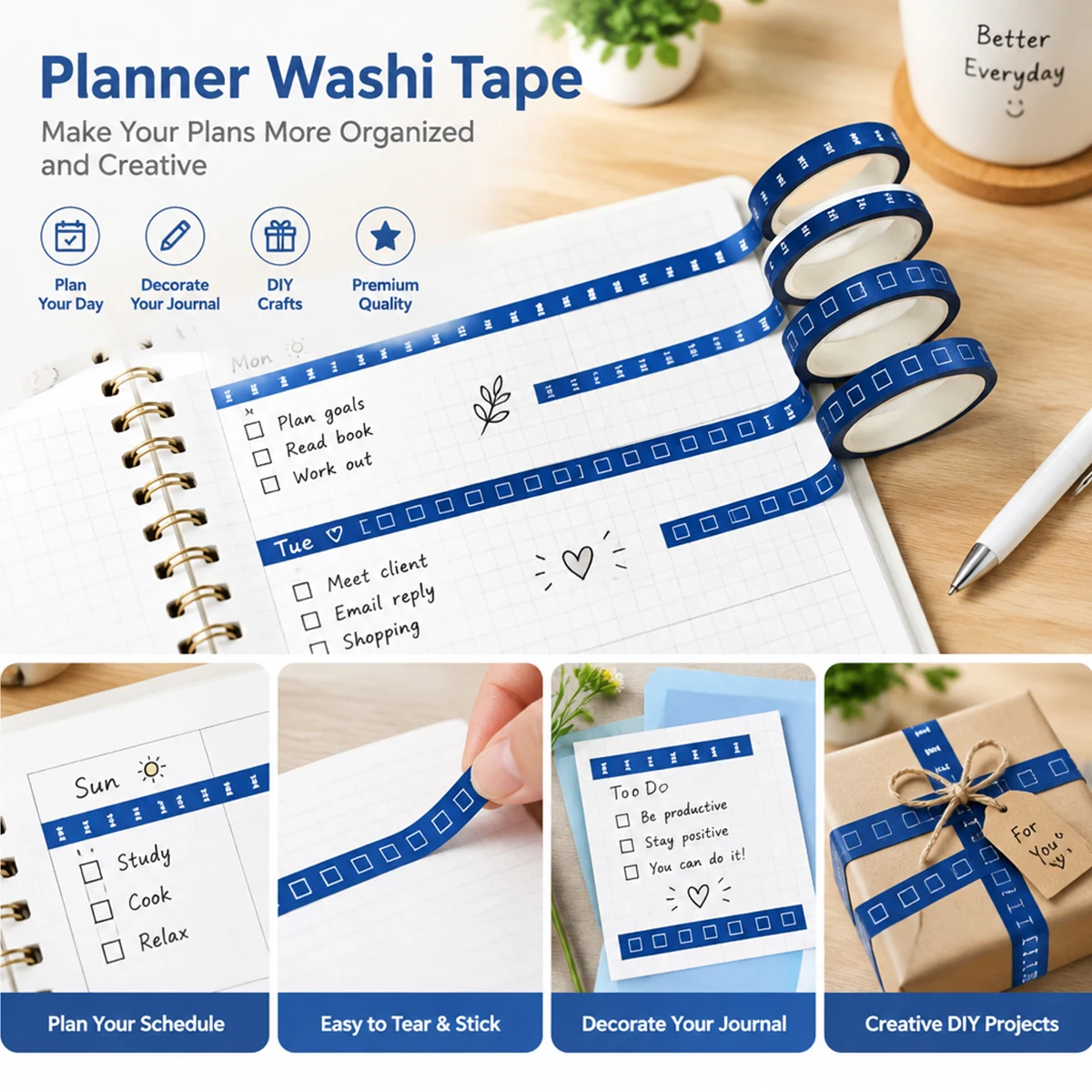 4Rolls Functional Washi Tape Set Date Number Time Checklist Decor for Journal S…