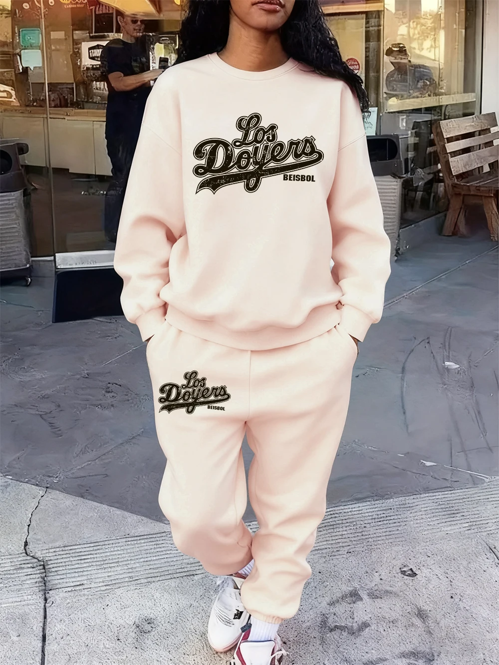 

Комплект толстовок из 2 предметов, женские спортивные штаны с буквенным принтом Los Doyers, свободная флисовая теплая толстовка, спортивные штаны, осенняя одежда с карманами
