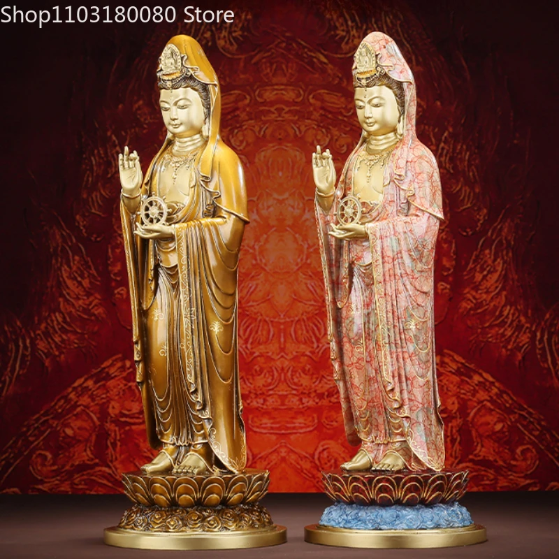 41cm Copper Brass Painting Nanhai Guanyin Standing Buddha Statue China Large size goddess statue