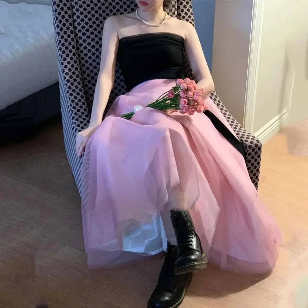 Black Pink Korea Evening Party Dress Customized A Line Strapless Wedding Gowns Photo Shoot Sleeveless Backless Corset Prom Dress