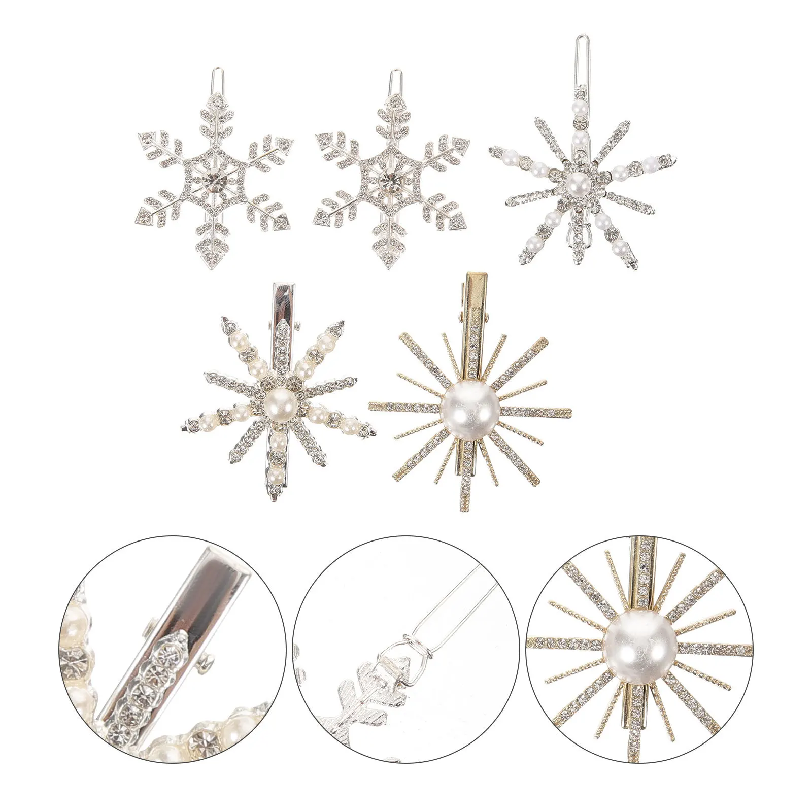 

5pcs Rhinestone Snowflake Clips Pearl Diamond Hairpins Elegant Snow Hair Barrettes Wedding Party Hair Decorations