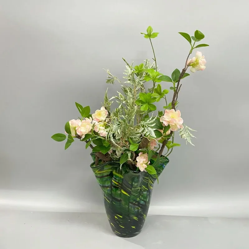 I-28  European light luxury colored glass open large diameter rich bamboo vase flower arrangement art high sense high value plat