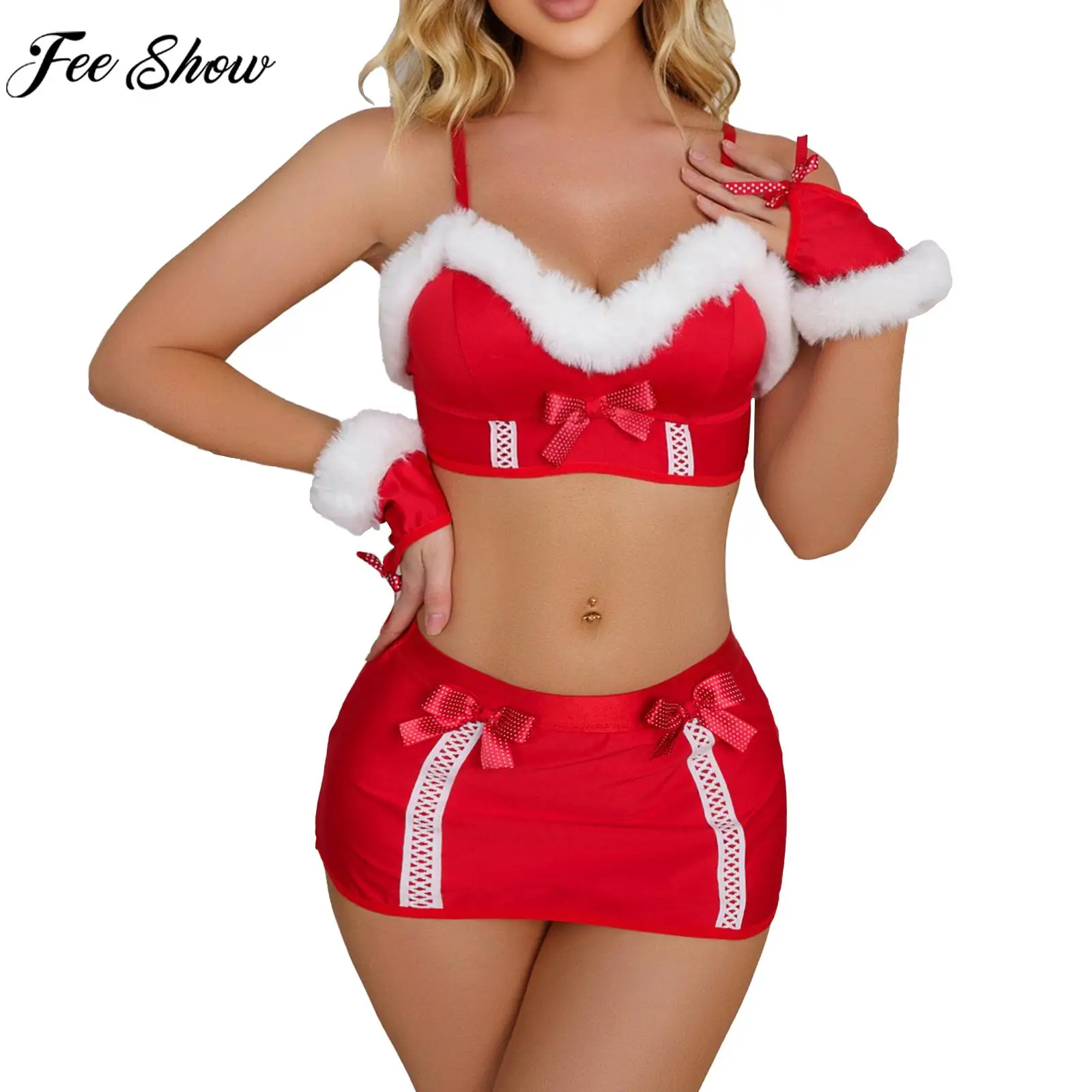 Women Christmas Outfits Faux Fur Trim Bra Lingerie with Miniskirt Gloves New Year Theme Party Club Performance Costume Nightwear