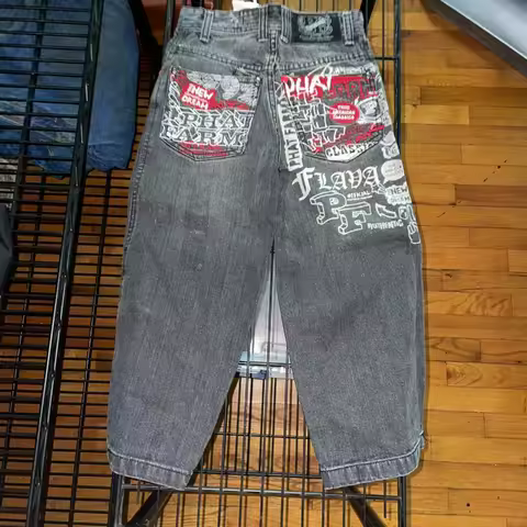 American Hip Hop Retro Gothic Print Jeans Women Y2K New Street Selling Fashion Loose Straight Wide Leg Pants Unisex Joker Jeans