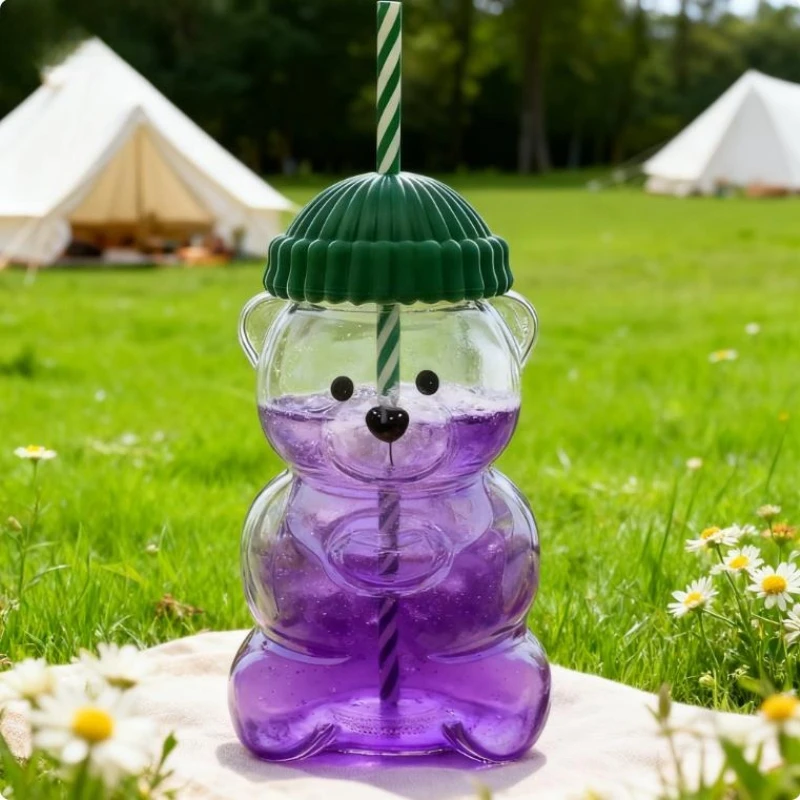 كوب زجاجي على شكل دب سعة 500 مل مع غطاء وقش مخطط، كوب شرب شفاف، مناسب للعصير والماء والقهوة المثلجة