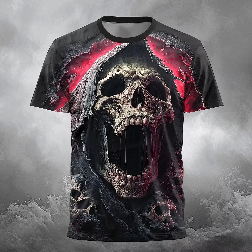 Herren Gothic Todesengel Totenkopf Grafik T-Shirt Halloween Punk Skelett-Print Y2K Hip Hop Familien-Matching Casual Fitness Oberteil – Detail 8