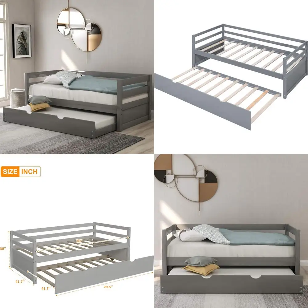 merax twin daybed with trundle, solid wood captains bed twin size sofa bed frame (grey)