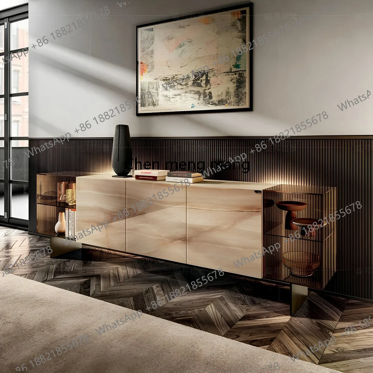 Marble Sideboard Cabinet Light Luxury High-End Feel Wall-Mounted Home Modern Glass Storage Cabinet