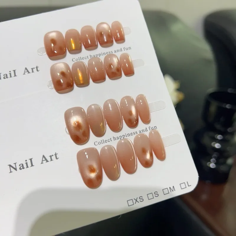 

10pcs Handmade Press on Nails Brown Gradient Self-adhesive Fake Nails Autumn Winter Reusable Adhesive Nail Tips Stick-on Nails