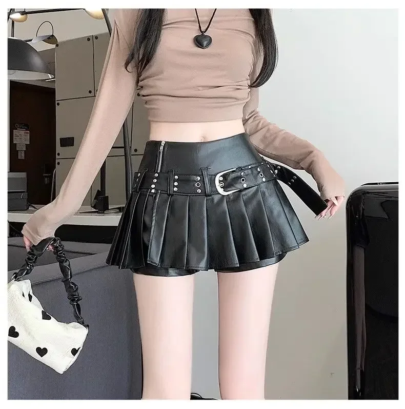 Schwarzer Retro PU-Lederrock für Damen Herbst Neu Hochgeschnittener A-Linien Plisseerock – Detail 3